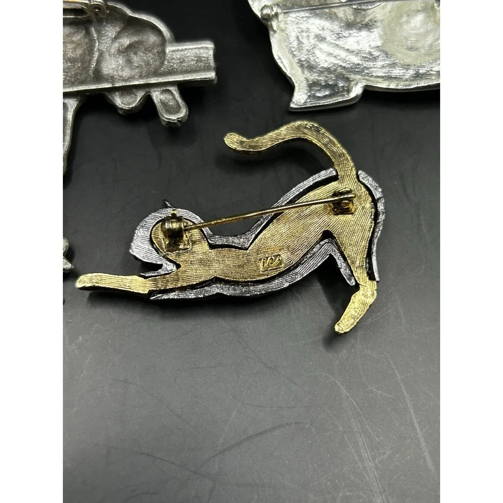 Vintage Cat Brooch Pins Pewter Black Enamel Articulated Hanging Mouse